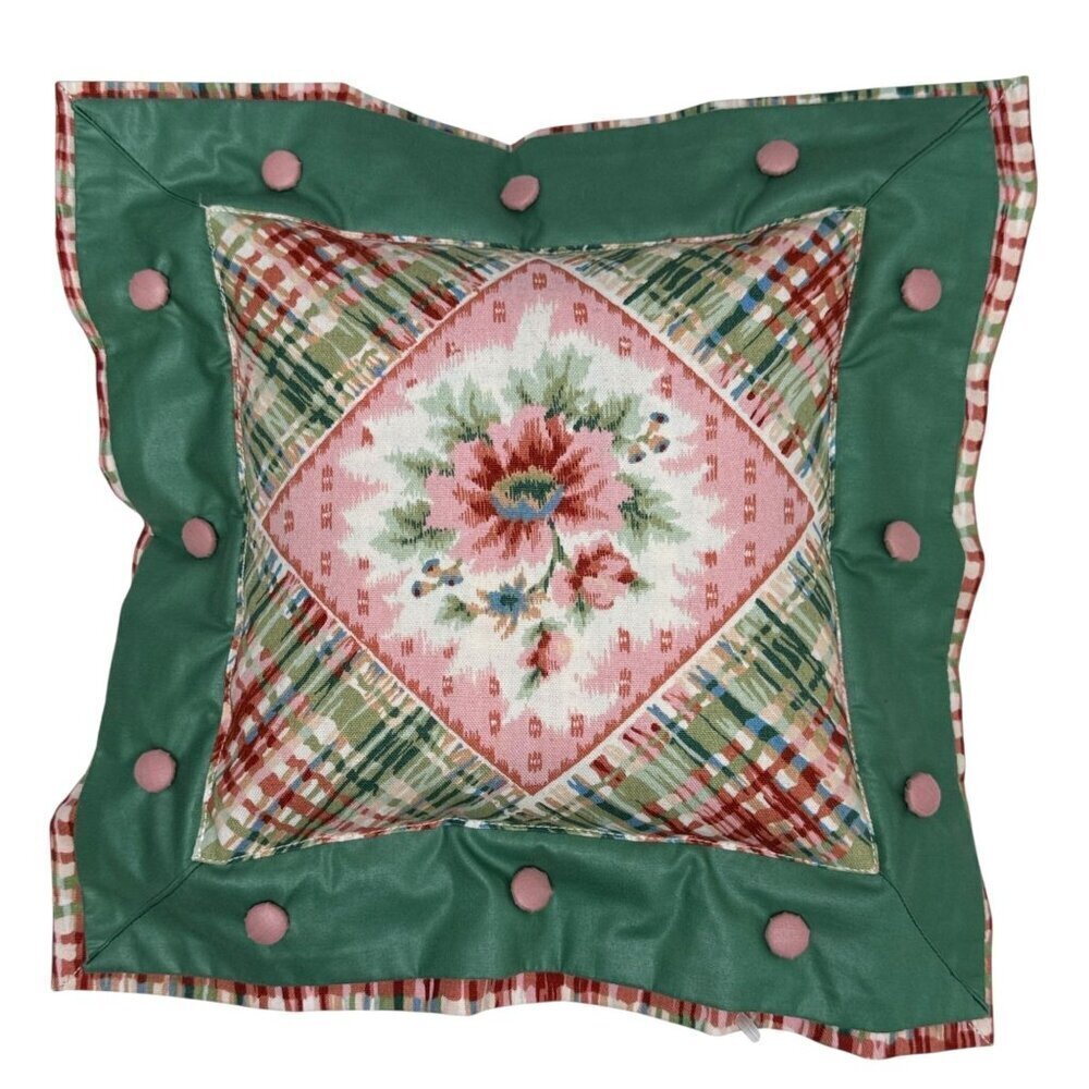 Cottage Floral Small Accent Pillow 13.5" Pink Green Shabby Chic